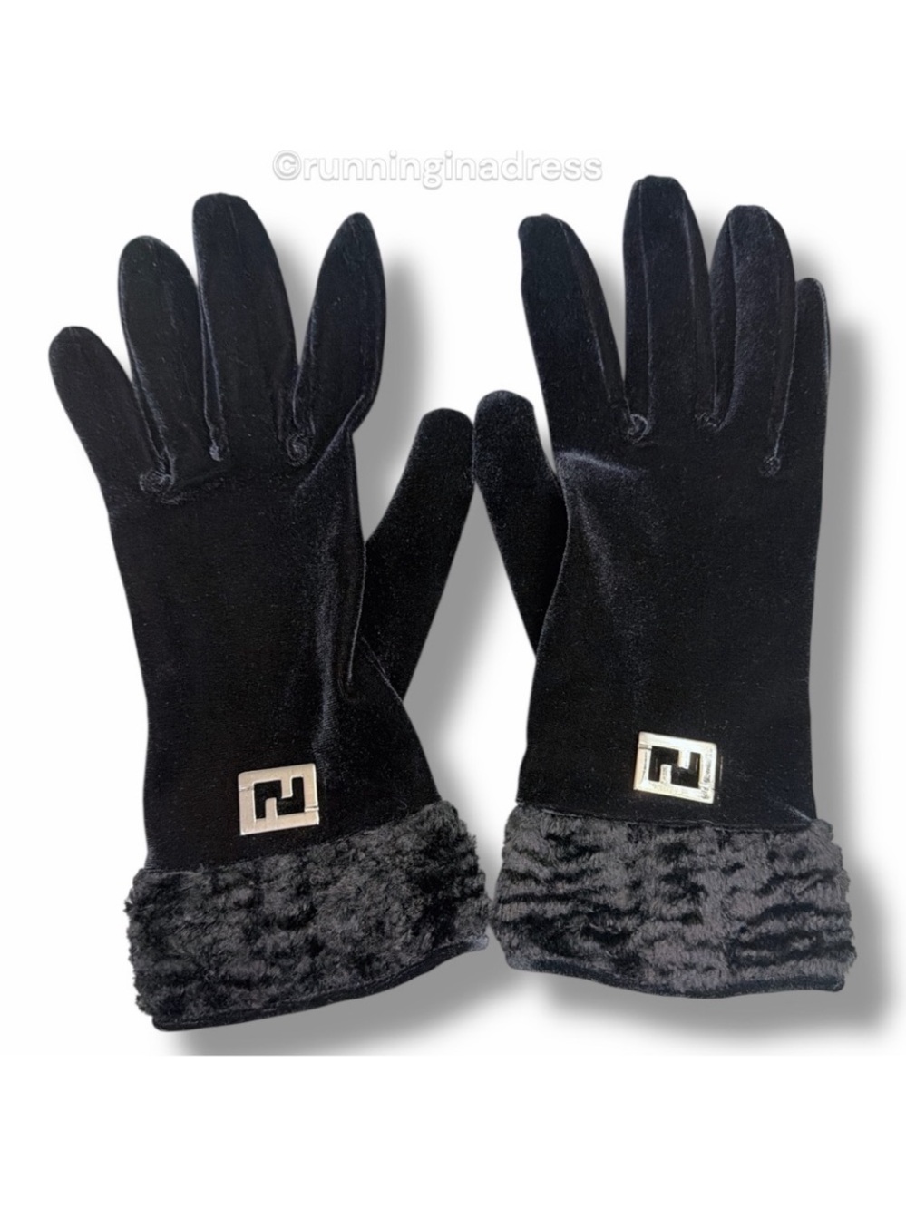 Vintage Fendi Black Velvet Gloves Silver FF Logo Faux Fur Cuff Italy 90s Y2K